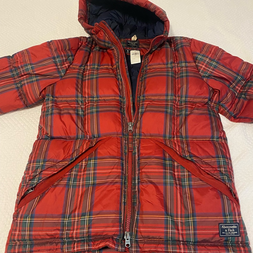 Abercrombie & Fitch Women’s Red and Blue Plaid Puffer Jacket